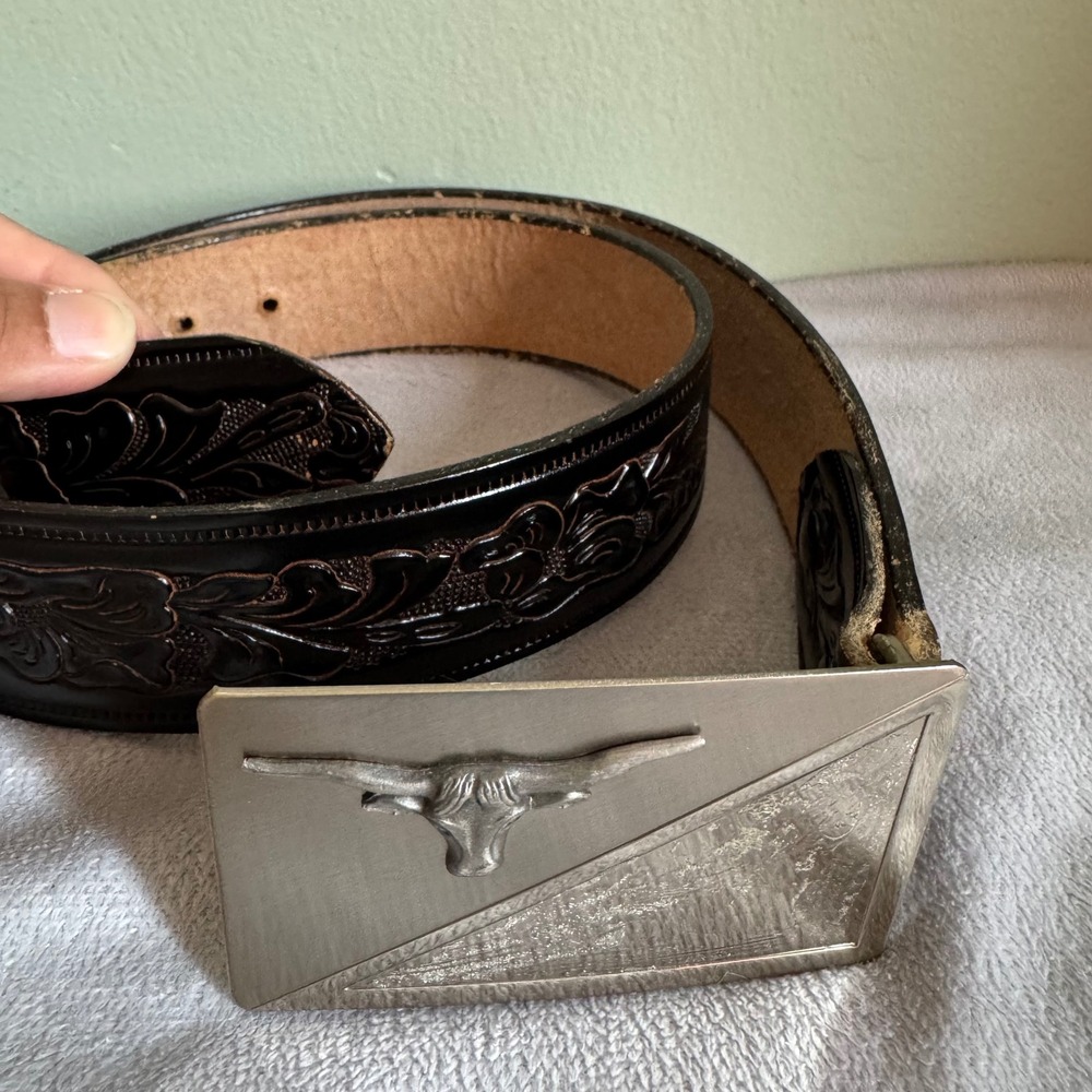 Alco Brand Western Belt 32 Brown Tooled Leather Longhorn Nickel Silver Buckle